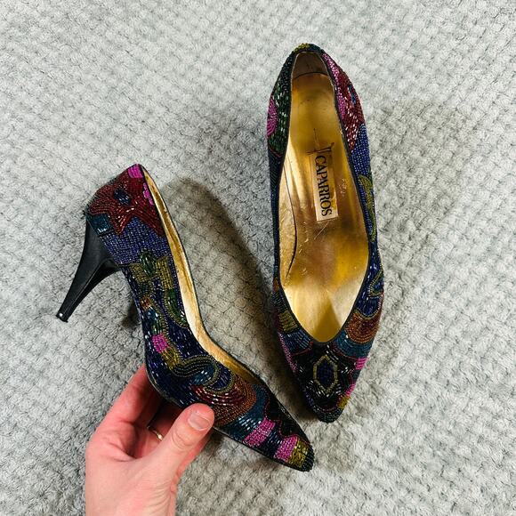beautiful vintage fully beaded round toe kitten heel y2k gatsby caparros 8.5 - Picture 1 of 7